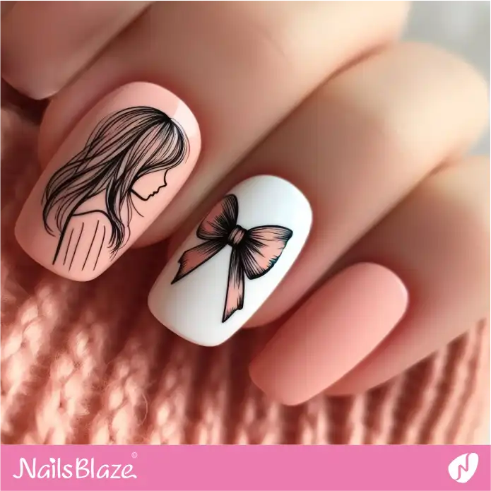Minimal Girl Illustration and a Bow on Peach Fuzz Nails | Color of the Year 2024 - NB1950
